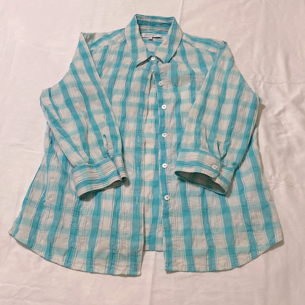Blue and white plaid button down shirt